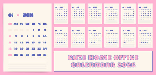 Calendar 2026 Cute Home Office Wall Planner, Pastel Retro Typography Monthly Layout, Sunday Start. Vector Printable Calendar Planner Template Design for 2026 year