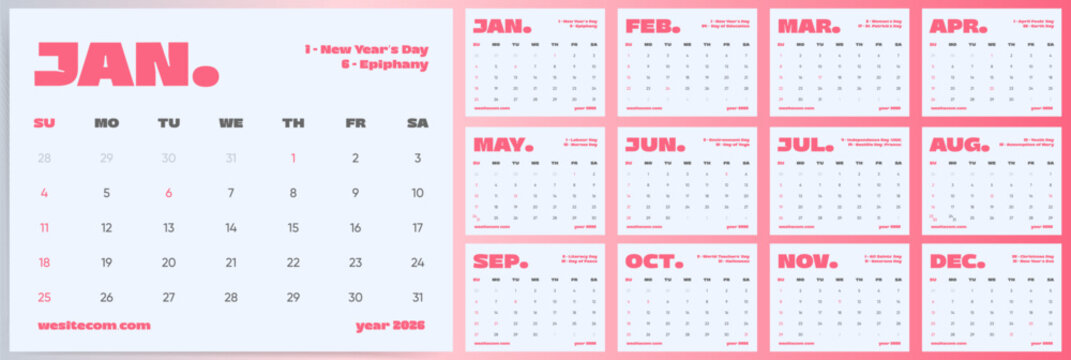 Pastel Office Holiday Wall Planner 2026. Bold Monthly Calendar Layout with Public Holidays, Sunday Start Printable. Vector Printable Calendar Planner Template Design for 2026 year