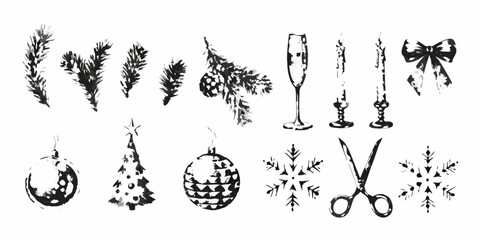 Monochrome christmas and new year elements tree ornaments candles and more