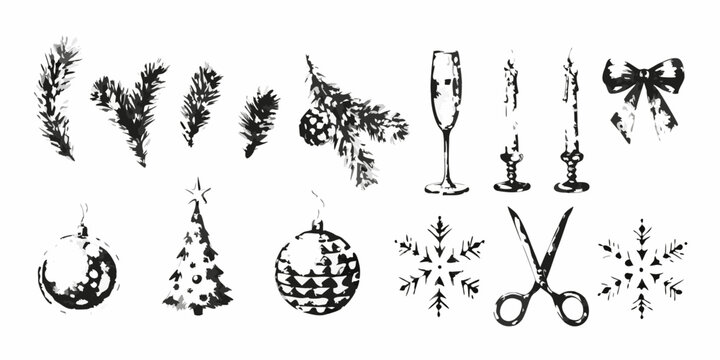 Monochrome christmas and new year elements tree ornaments candles and more