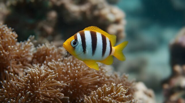 A colorful striped reef fish swims among soft sea anemone tentacles in a vibrant coral reef ecosystem