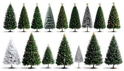 A collection of various artificial Christmas trees, some decorated, against a white background
