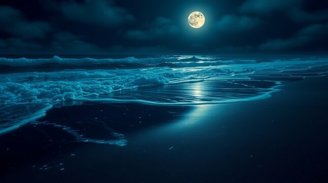 Moonlit Serenity: Witness the tranquil beauty of a moonlit night, as the luminous full moon casts its silvery glow upon the rhythmic dance of the ocean waves.