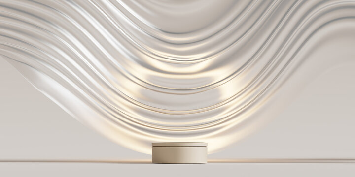 3D display podium beige background. Luxury flying transparent cloth in motion. Glamour minimal beauty pedestal , cosmetic product presentation. Neon light circle frame, empty mockup, studio 3d render	