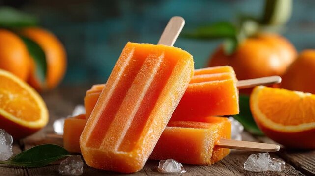 Orange popsicles on a rustic wooden surface with ice and fresh orange slices