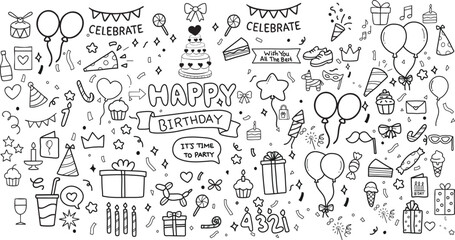 Happy Birthday Doodle Background – Hand-Drawn Celebration Elements on Black
