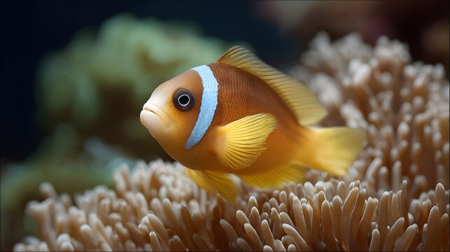 A vibrant clownfish swims amidst the soft tentacles of a sea anemone on a coral reef showcasing underwater marine life - Powered by Adobe