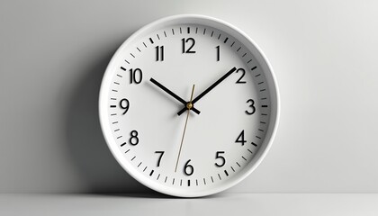Simple white wall clock face with black numbers and hour hands showing 10 10. Modern interior decor item for home or office. Minimalism style timekeeping device.