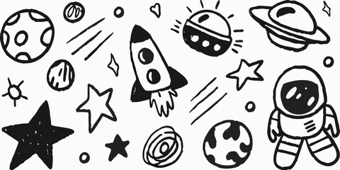 Hand drawn space exploration elements planets rocket astronaut stars and more