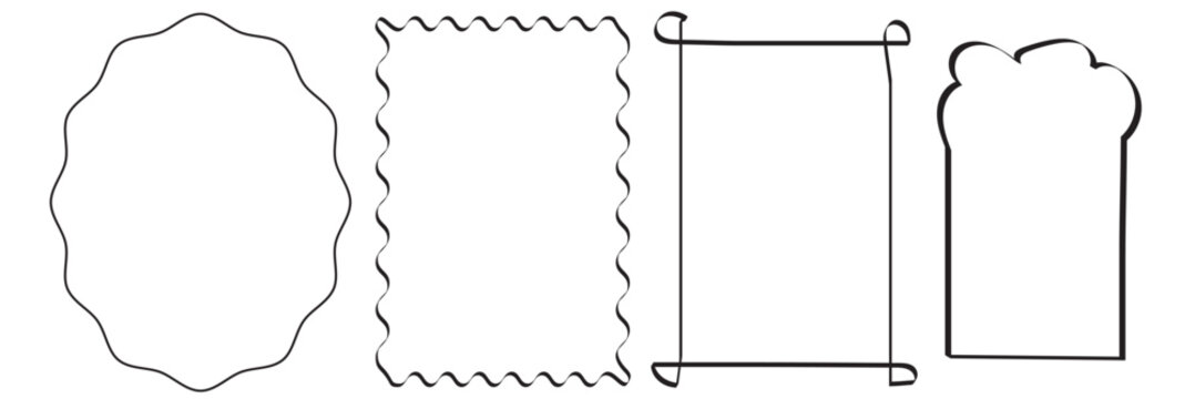 Decorative hand-drawn frames for creative layouts. Set of simple ornamental borders in various shapes and styles, ideal for labels, invitations, scrapbooking, and artistic design projects.

