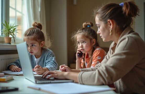 Mother supervises two daughters doing homework and online learning at home. One child talks on the phone, while the other focuses on a laptop screen.