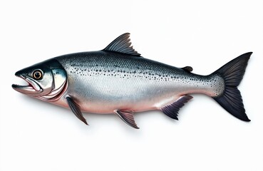 Obraz premium Atlantic salmon fish displayed on white background. Full body side view showing scales, fins, and tail. Healthy aquatic animal ready for processing or display.