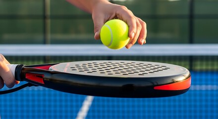 Close-up ball in hand and paddle racket on paddle court