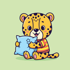 Cute Cartoon Cheetah Cub Hugging Blue Pillow. Happy Baby Leopard Wearing Pajamas Getting Ready for Bed or Sleepover for Kids Design Vector Illustration.