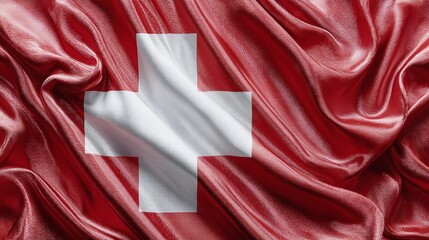 Elegant Swiss flag rippling in the breeze, perfect for travel blogs or patriotic campaigns, showcasing national pride and cultural heritage
