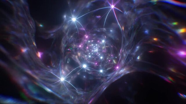 Abstract Quantum Neural Network Tunnel, Glowing Connection Points and Swirling Energy Lines Loop Background