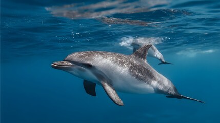 Fototapeta premium Two spotted dolphins swim gracefully in the clear blue ocean