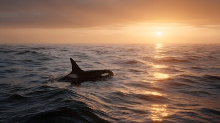 A majestic orca whale glides through the calm ocean waters under a dramatic golden sunset with shimmering reflections on the waves