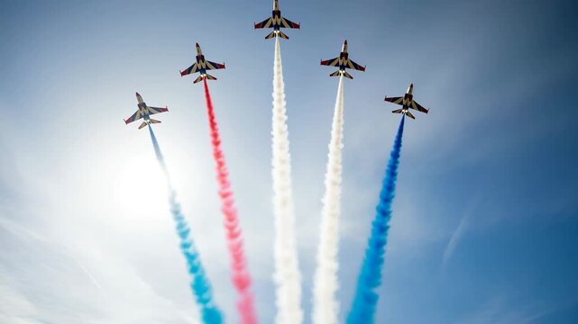 Five Fighter Jets Perform Aerobatic Maneuver Emitting Red White Blue Smoke Trails Against Clear