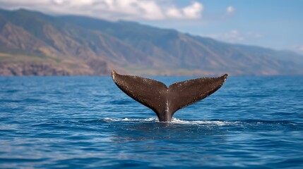 Fototapeta premium Majestic whale tail fluke surfaces from deep blue ocean waters distant mountains under bright sky