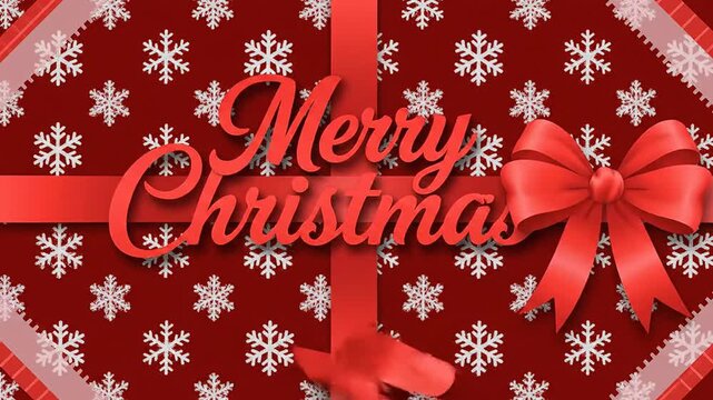 Merry christmas holiday greeting text animation on red snowflake gift wrap background with festive ribbon bow
