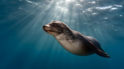 Obraz premium A majestic seal glides through crystal blue ocean water illuminated by ethereal sunbeams from above