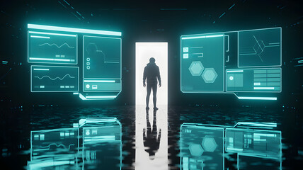 Silhouette of a lone figure standing in a futuristic doorway surrounded by glowing digital screens displaying complex data and information