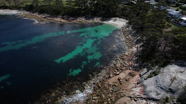 Rocky Coast And Beach Near Bicheno Blowhole In Tasmania, Australia - Aerial Shot