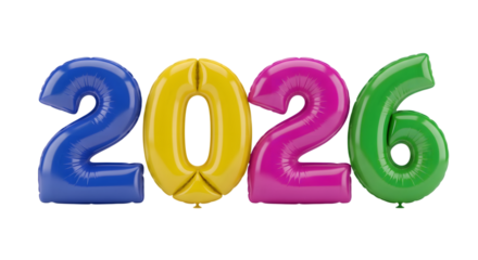 Colorful foil balloon numbers forming 2026 isolated on transparent background