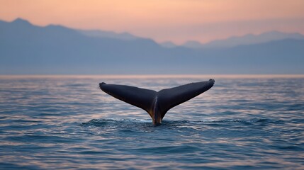Fototapeta premium A whale s majestic tail fluke emerges from the ocean at sunset with distant mountains silhouetted against the colorful twilight sky