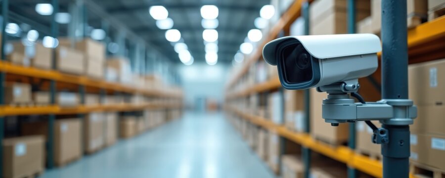 Close-up of surveillance camera monitoring warehouse interior. Security system observes storage area with stacked boxes in background. Industrial setting emphasizes automated protection, inventory