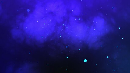 Blue abstract sky background with soft clouds and glowing particles