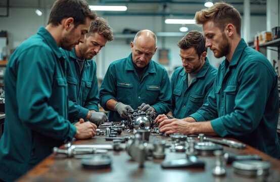 Team of mechanics work together on motorcycle engine repair. Skilled professionals collaborate meticulously examining complex mechanical components in garage workshop. Focused individuals perform