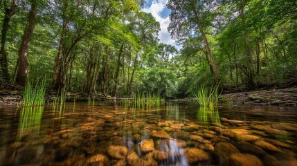 Clear forest stream with rocks and aquatic plants, in lush woodland under blue sky with clouds, wide view, copy space.