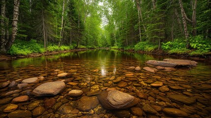Clear forest stream with visible rocks, in lush green woodland landscape, wide view, copy space.