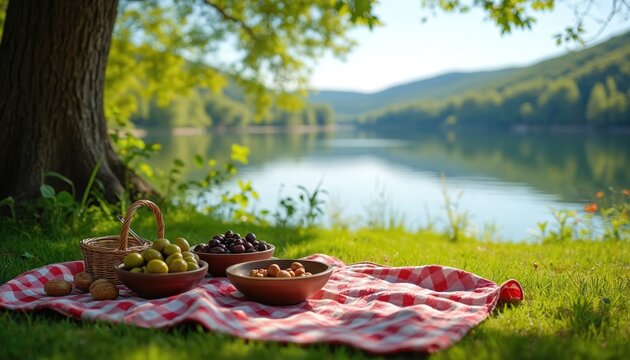 Family enjoys picnic beside calm lake. People share food and drinks under tree shade. Relaxing outdoor gathering with friends creates joyful atmosphere. Scenic lakeside setting promotes wellbeing.