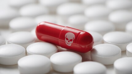 Red capsule with skull design on white background representing toxic substances and dangers of overdose in medicine and pharmaceutical industry