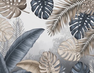 Modern tropical foliage wallpaper mural illustration with overlapping monstera, palm and banana leaves in navy blue and beige tones, elegant botanical wall art for luxury interior decor