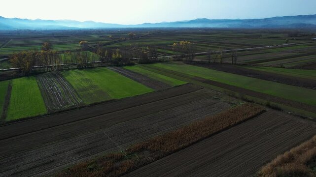 Korca Field Morning Autumn Colors: Rural Landscape and Farmers Preparing Land