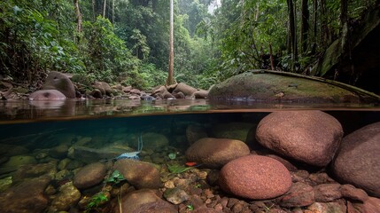 Half - underwater view of clear river with rocks and aquatic life, in tropical forest landscape, copy space.