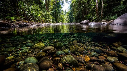 Half - underwater view of clear tropical river with rocks and aquatic life, in lush forest landscape, copy space.