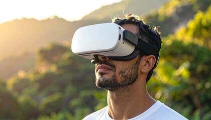 A person wears a virtual reality headset, looking upwards, outdoors with a natural, blurred backdrop and sunlight