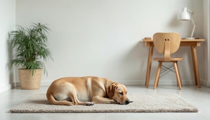 Golden retriever dog rests on fluffy rug in minimalist room. Pet naps near desk, lamp, and potted plant in clean home. Animal finds comfort indoors.