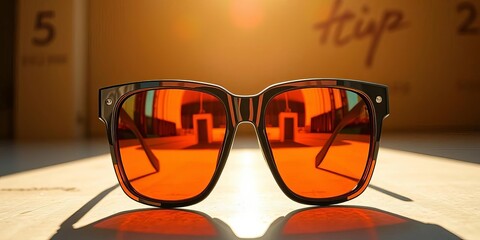 Sleek, oversized bold sunglasses reflecting sunlight, chic, summer