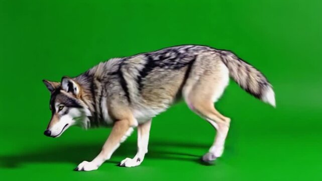 Wolf sitting calmly with eyes closed on a green screen in a studio setting with good lighting green screen wolf video
