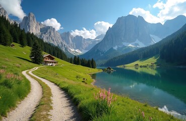 Dirt path leads to cabin beside clear blue lake and vast mountains. Green meadows slope up toward jagged peaks under a sunny sky. Evergreen forest surrounds serene lakeside.