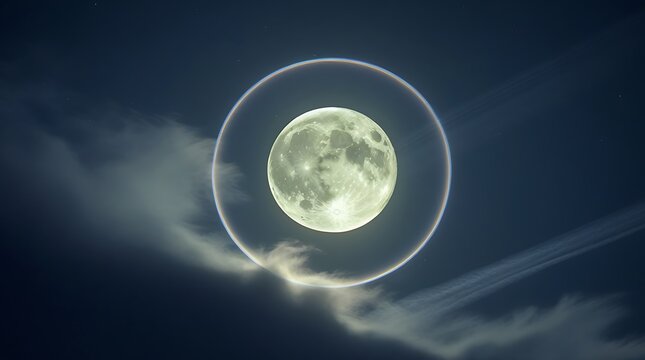 Full moon glowing in the blue night sky with soft clouds and stars