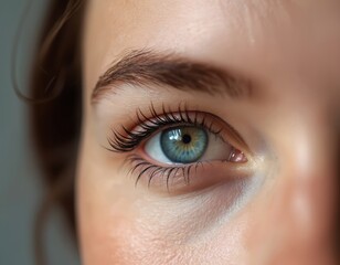 Close up view of a woman bright blue eye with long dark lashes. Her clear skin and neatly shaped eyebrow suggest a recent cosmetic procedure.