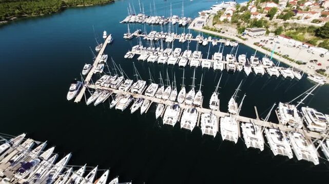 Marina of white yachts in Sibenik, aerial FPV view