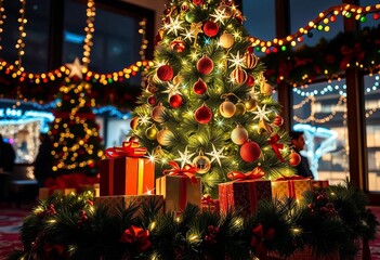 Sparkling Christmas tree with presents under it, festive lights and garland, red, christmas